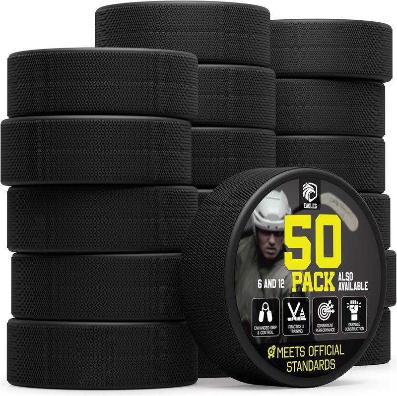 Eagle's Ice Hockey Pucks 1, 2, 3, 6 or 50 Pack | High Grade Pucks Official Regulation Weight & Size for Practice & Classic Training - 6 oz Diameter 3" Thickness 1" Black Hockey Puck Roller Hockey - Image 1